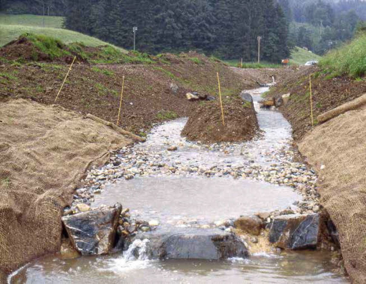 Ein Bach nach Revitalisierungs-Bauarbeiten: flache Ufer, Bachbett mit Kies und grossen Steinen.